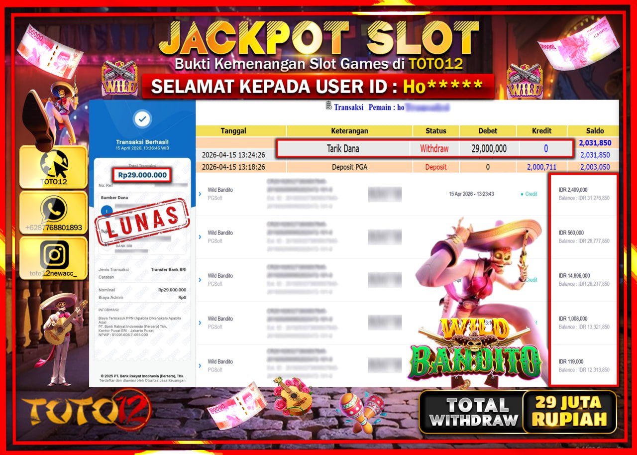 HANYA DI TOTO12 JP PASTI DI BAYAR LUNAS DAN CEPAT!!!!!! JACKPOT SLOT GAME (WILD BANDITO) Rp.29.000.000!!!!