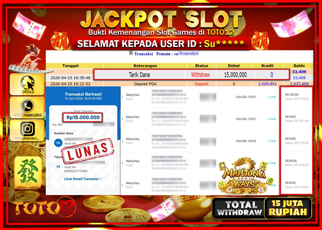 HANYA DI TOTO12 JP PASTI DI BAYAR LUNAS DAN CEPAT!!!!!! JACKPOT SLOT GAME (MAHJONG WAYS) Rp.15.000.000!!!!