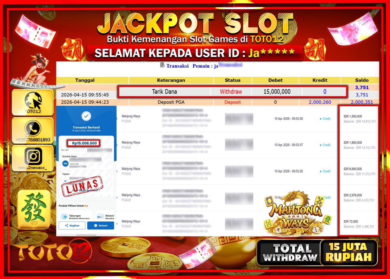 HANYA DI TOTO12 JP PASTI DI BAYAR LUNAS DAN CEPAT!!!!!! JACKPOT SLOT GAME (MAHJONG WAYS) Rp.15.000.000!!!!