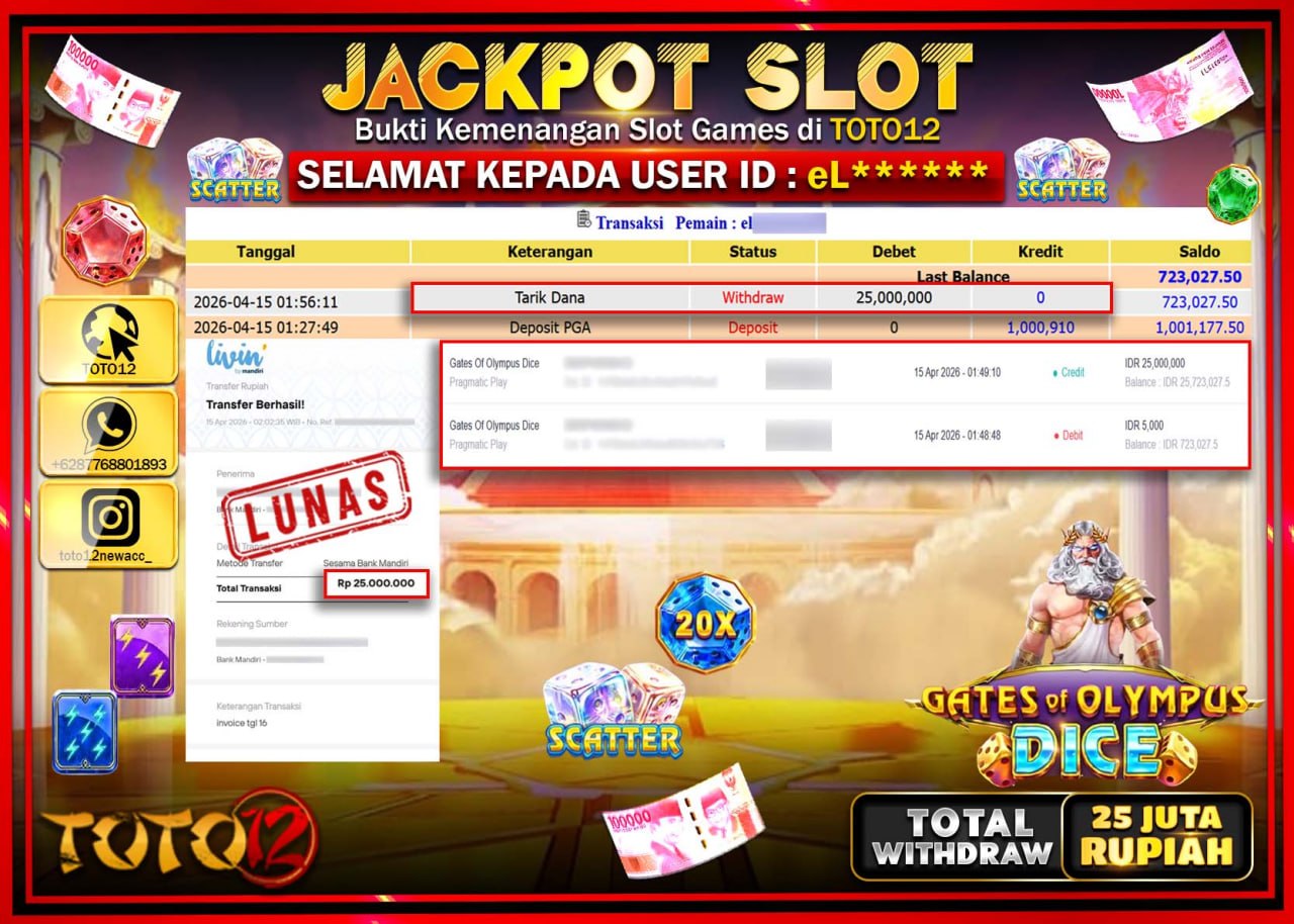 HANYA DI TOTO12 JP PASTI DI BAYAR LUNAS DAN CEPAT!!!!!! JACKPOT SLOT GAME (GATES OF OLYMPUS DICE) Rp.25.000.000!!!!