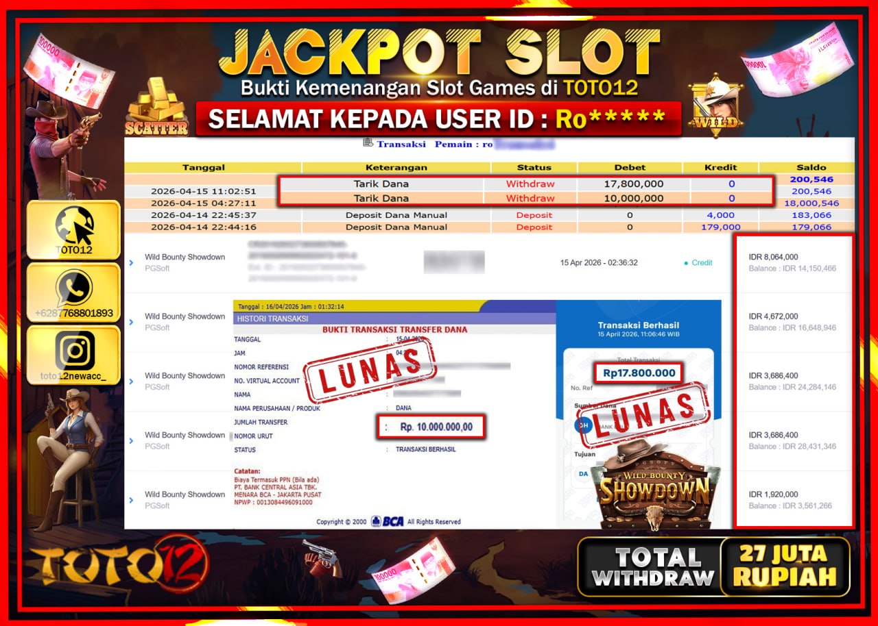 HANYA DI TOTO12 JP PASTI DI BAYAR LUNAS DAN CEPAT!!!!!! JACKPOT SLOT GAME (WILD BOUNTY SHOWDOWN) Rp.27.800.000!!!!