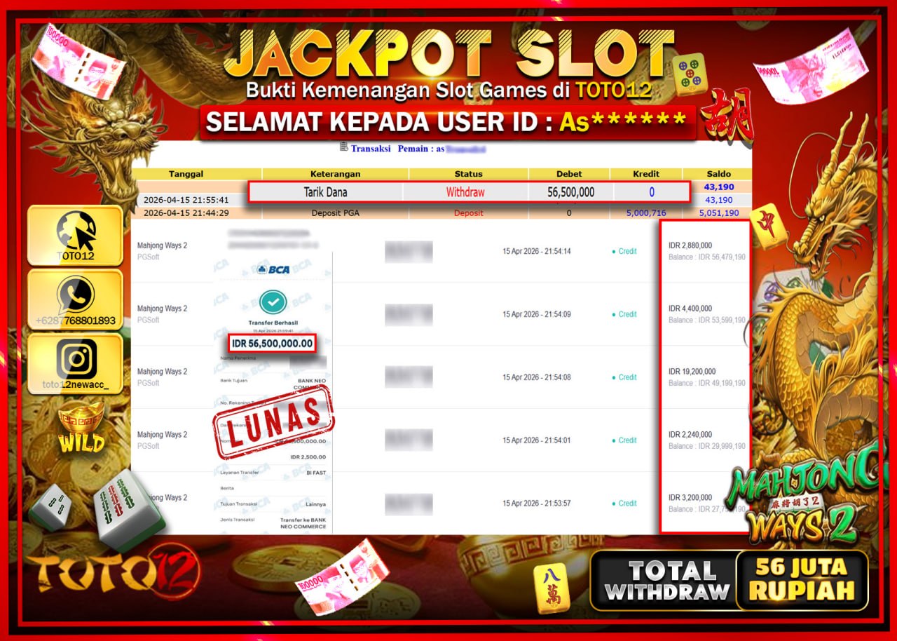 HANYA DI TOTO12 JP PASTI DI BAYAR LUNAS DAN CEPAT!!!!!! JACKPOT SLOT GAME (MAHJONG WAYS 2) Rp.56.500.000!!!!