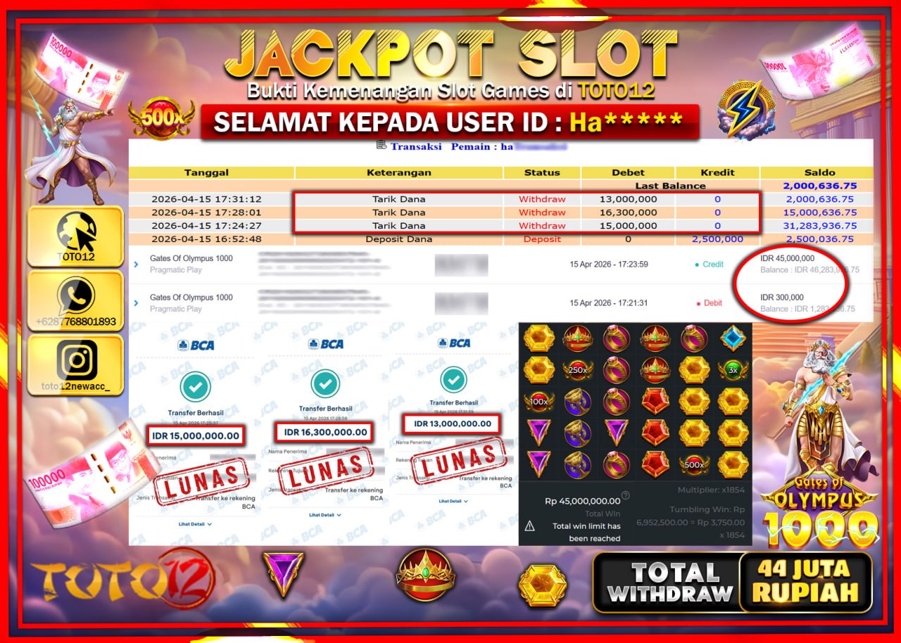 HANYA DI TOTO12 JP PASTI DI BAYAR LUNAS DAN CEPAT!!!!!! JACKPOT SLOT GAME (GATES OF OLYMPUS 1000) Rp.44.300.000!!!!