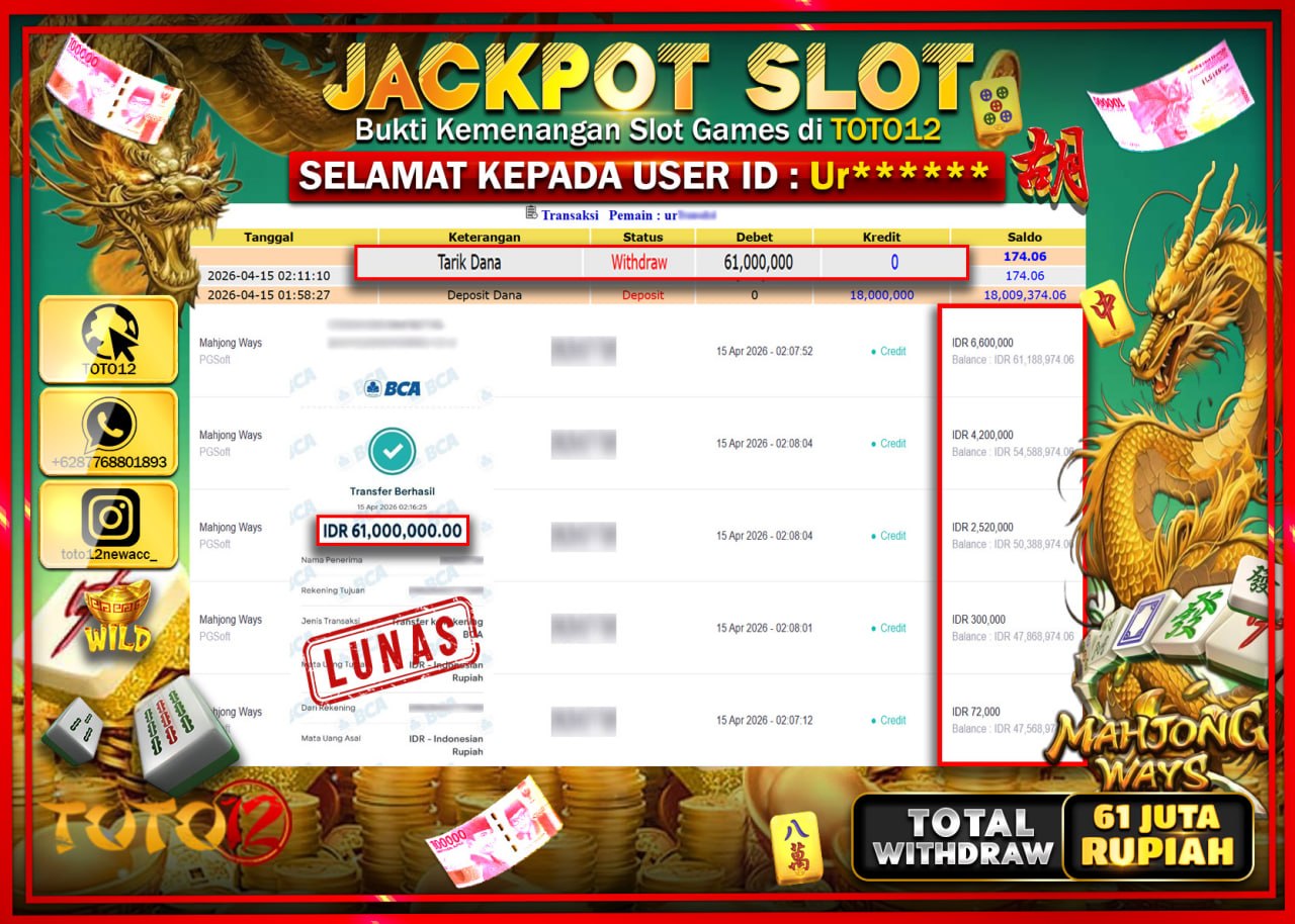 HANYA DI TOTO12 JP PASTI DI BAYAR LUNAS DAN CEPAT!!!!!! JACKPOT SLOT GAME (MAHJONG WAYS) Rp.61.000.000!!!!
