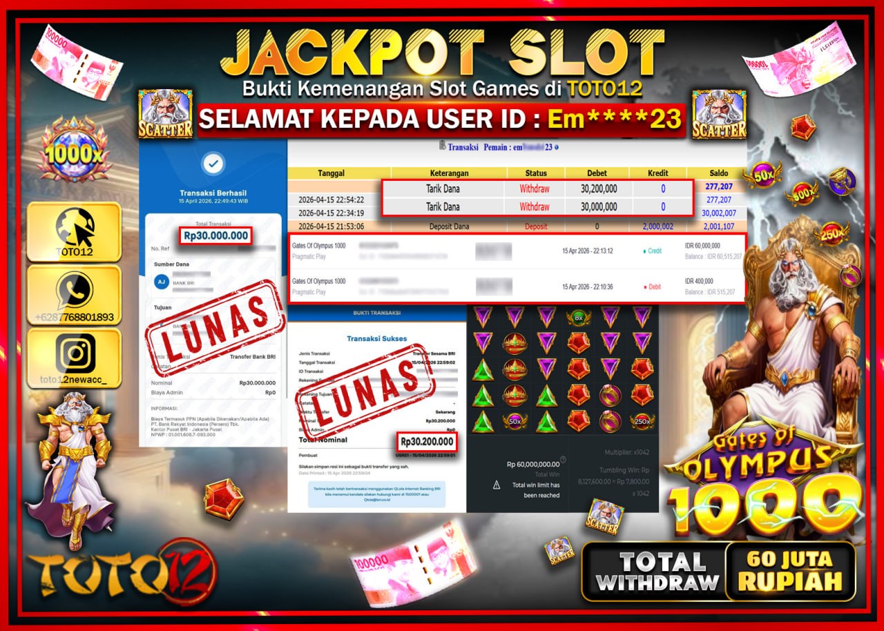 HANYA DI TOTO12 JP PASTI DI BAYAR LUNAS DAN CEPAT!!!!!! JACKPOT SLOT GAME (GATES OF OLYMPUS 1000) Rp.60.200.000!!!!