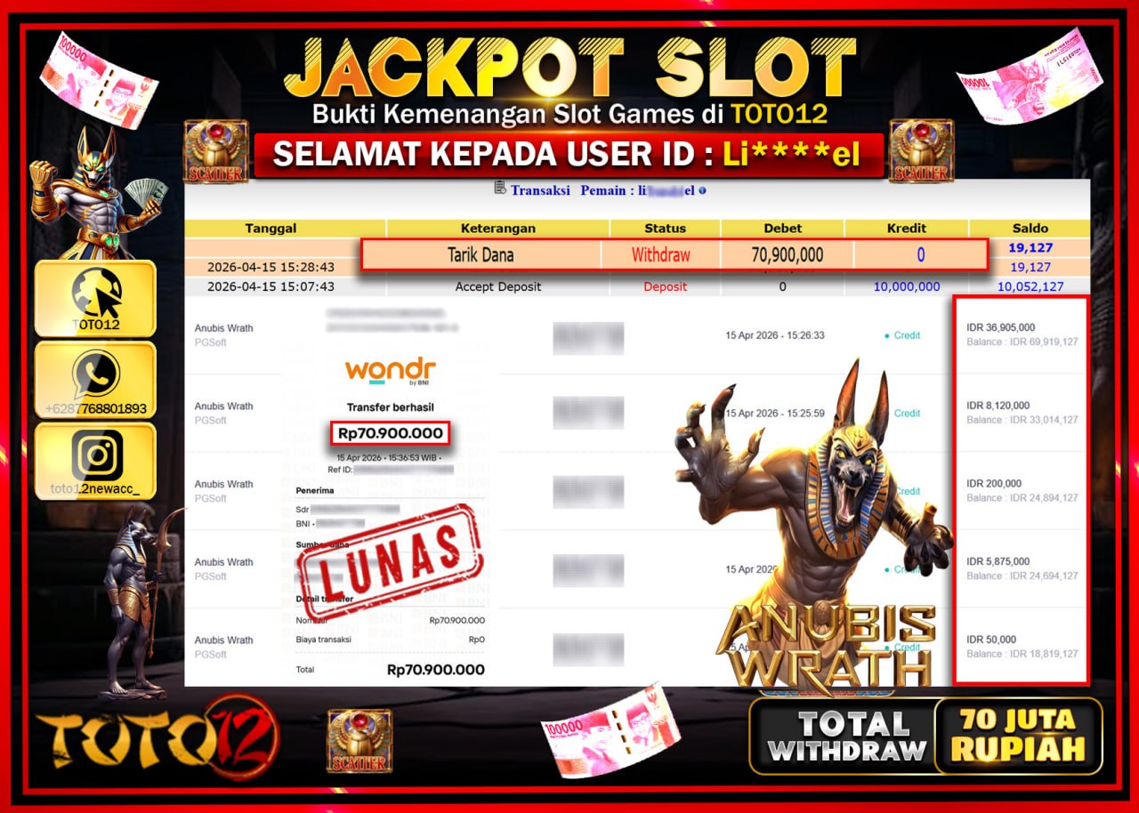 HANYA DI TOTO12 JP PASTI DI BAYAR LUNAS DAN CEPAT!!!!!! JACKPOT SLOT GAME (ANUBIS WRATH) Rp.70.900.000!!!!