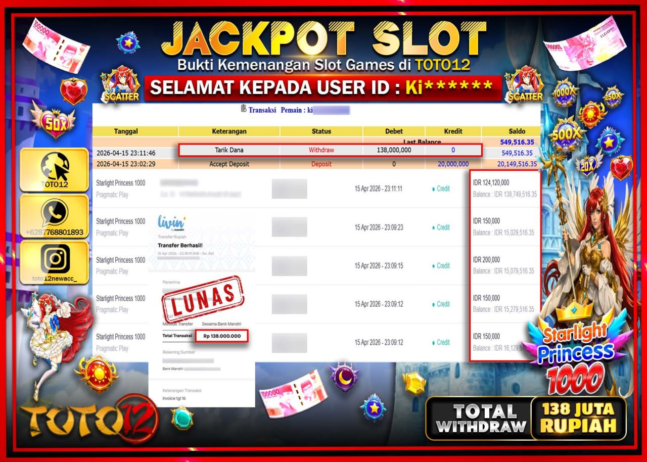 HANYA DI TOTO12 JP PASTI DI BAYAR LUNAS DAN CEPAT!!!!!! JACKPOT SLOT GAME (STARLIGHT PRINCESS 1000) Rp.138.000.000!!!!