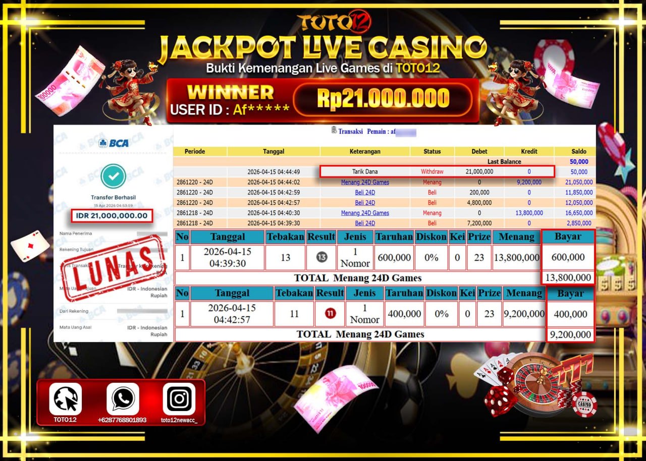HANYA DI TOTO12 JP PASTI DI BAYAR LUNAS DAN CEPAT!!!!!! JACKPOT LIVE GAMES CASINO (24D) Rp.21.000.000!!!!