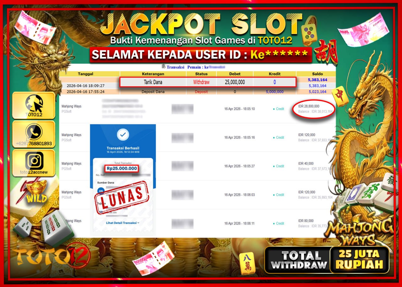 HANYA DI TOTO12 JP PASTI DI BAYAR LUNAS DAN CEPAT!!!!!! JACKPOT SLOT GAME (MAHJONG WAYS) Rp.25.000.000!!!!