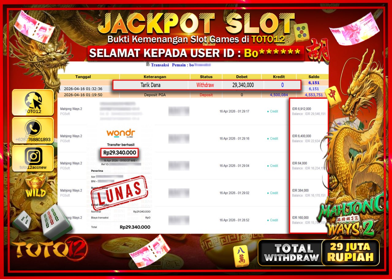 HANYA DI TOTO12 JP PASTI DI BAYAR LUNAS DAN CEPAT!!!!!! JACKPOT SLOT GAME (MAHJONG WAYS 2) Rp.29.340.000!!!!