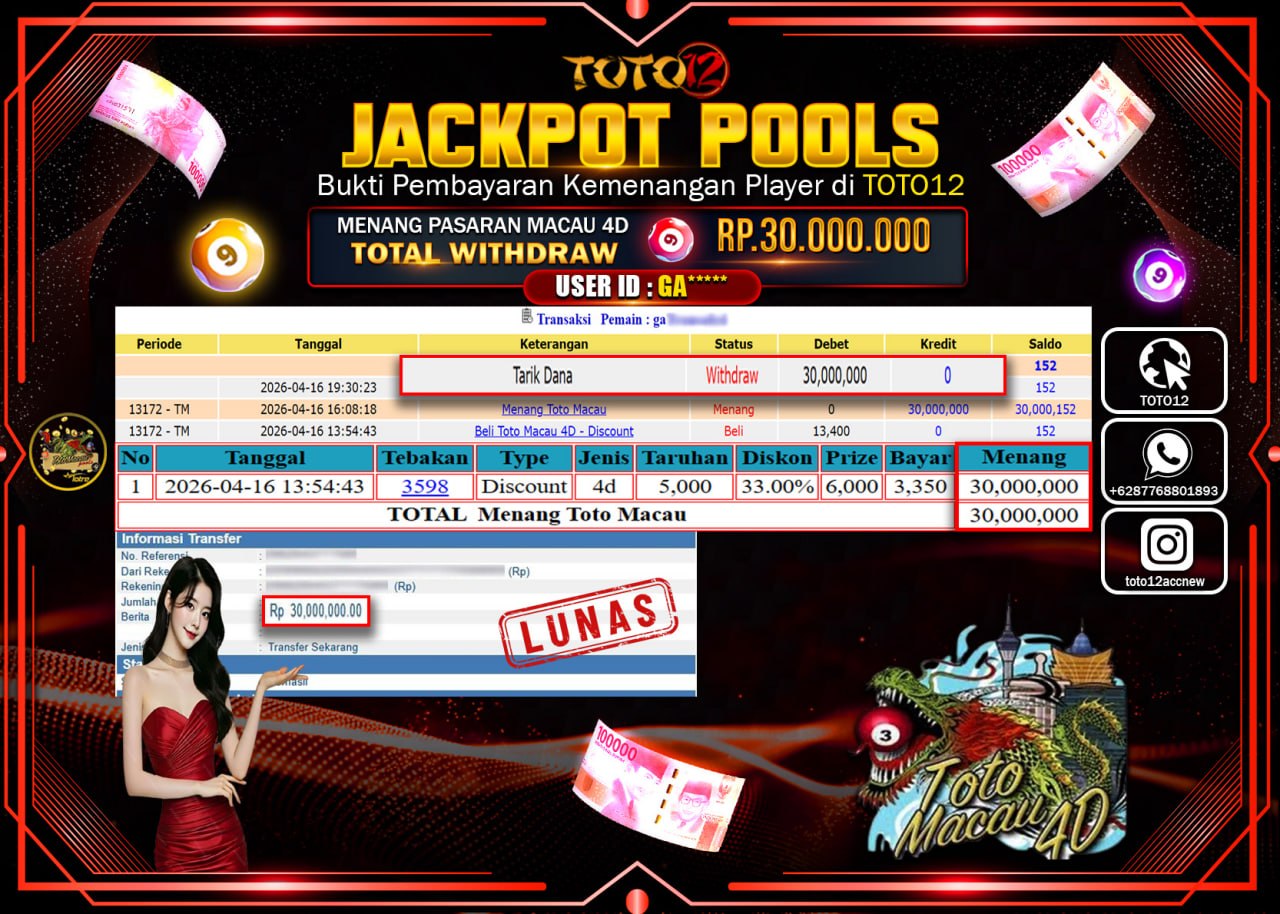 HANYA DI TOTO12 JP PASTI DI BAYAR LUNAS DAN CEPAT!!!!!! JACKPOT POOLS PASARAN(MACAU 4D) Rp.30.000.000!!!!