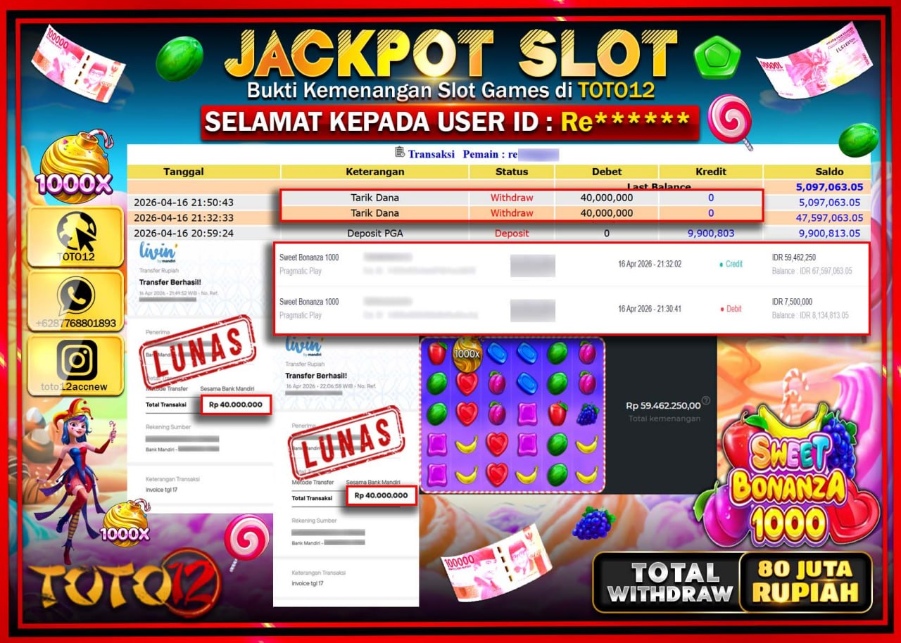 HANYA DI TOTO12 JP PASTI DI BAYAR LUNAS DAN CEPAT!!!!!! JACKPOT SLOT GAME (SWEET BONANZA 1000) Rp.80.000.000!!!!