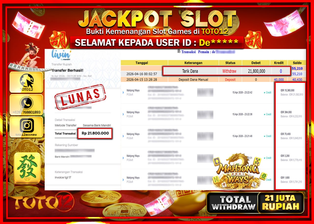 HANYA DI TOTO12 JP PASTI DI BAYAR LUNAS DAN CEPAT!!!!!! JACKPOT SLOT GAME (MAHJONG WAYS) Rp.21.800.000!!!!