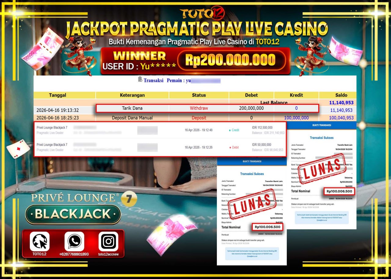 HANYA DI TOTO12 JP PASTI DI BAYAR LUNAS DAN CEPAT!!!!!! JACKPOT PRAGMATIC PLAY LIVE GAME CASINO (PRIVE LOUNGE BLACK JACK 7) Rp.200.000.000!!!!