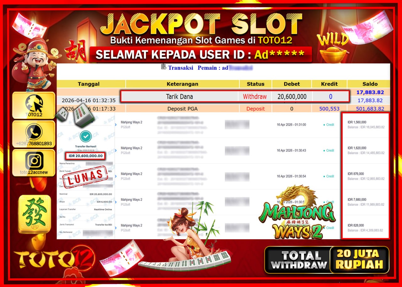 HANYA DI TOTO12 JP PASTI DI BAYAR LUNAS DAN CEPAT!!!!!! JACKPOT SLOT GAME (MAHJONG WAYS 2) Rp.20.600.000!!!!