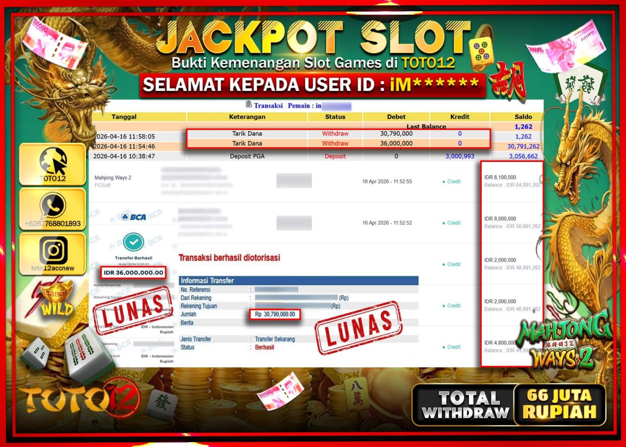 HANYA DI TOTO12 JP PASTI DI BAYAR LUNAS DAN CEPAT!!!!!! JACKPOT SLOT GAME (MAHJONG WAYS 2) Rp.66.790.000!!!!