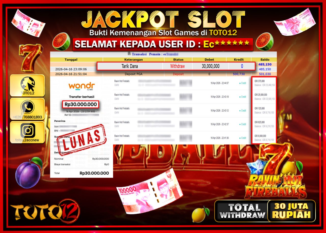 HANYA DI TOTO12 JP PASTI DI BAYAR LUNAS DAN CEPAT!!!!!! JACKPOT SLOT GAME (RAVIN HOT FIVEBALS ) Rp.30.000.000!!!!