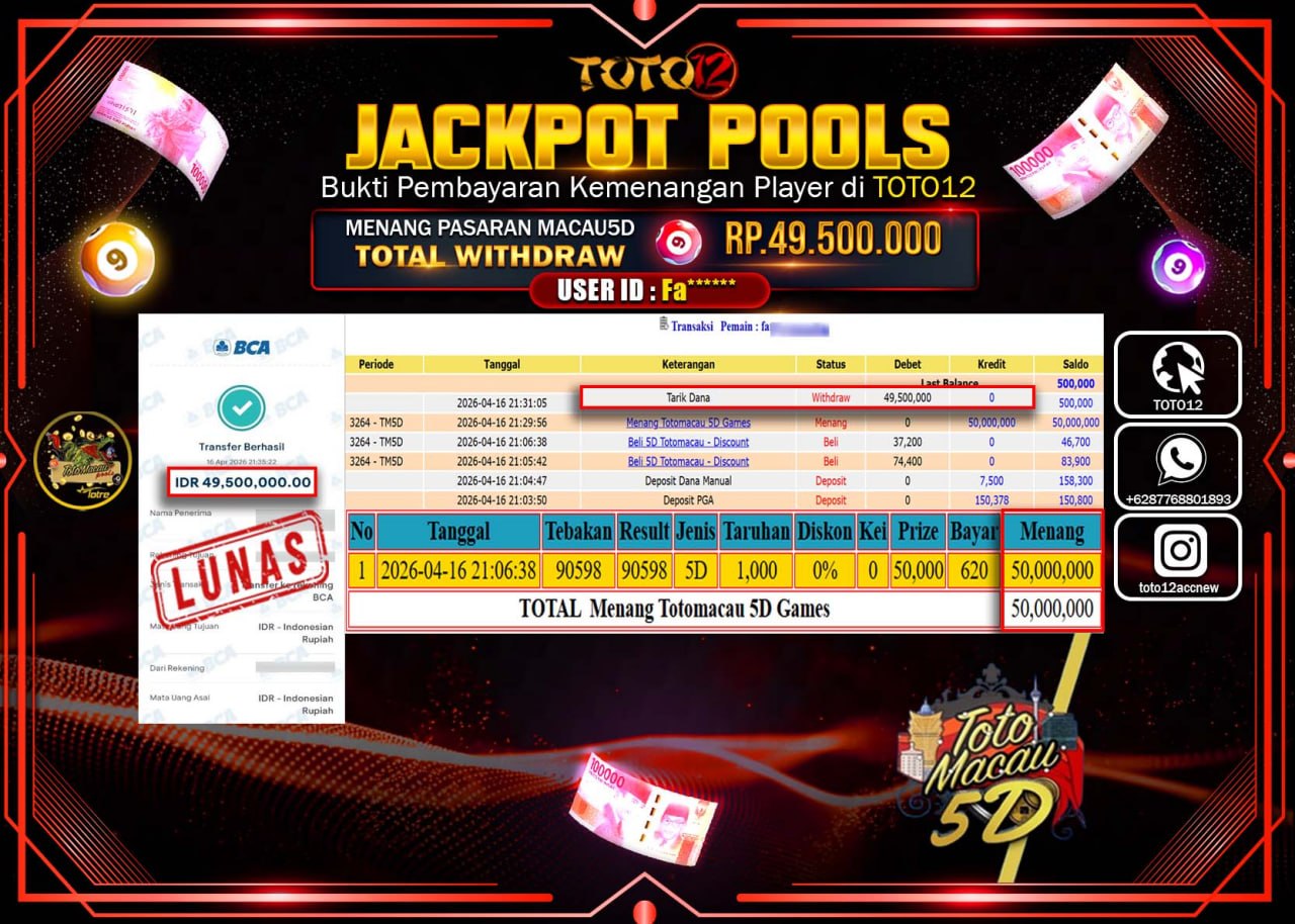 HANYA DI TOTO12 JP PASTI DI BAYAR LUNAS DAN CEPAT!!!!!! JACKPOT POOLS PASARAN(MACAU 5D) Rp.49.500.000!!!!