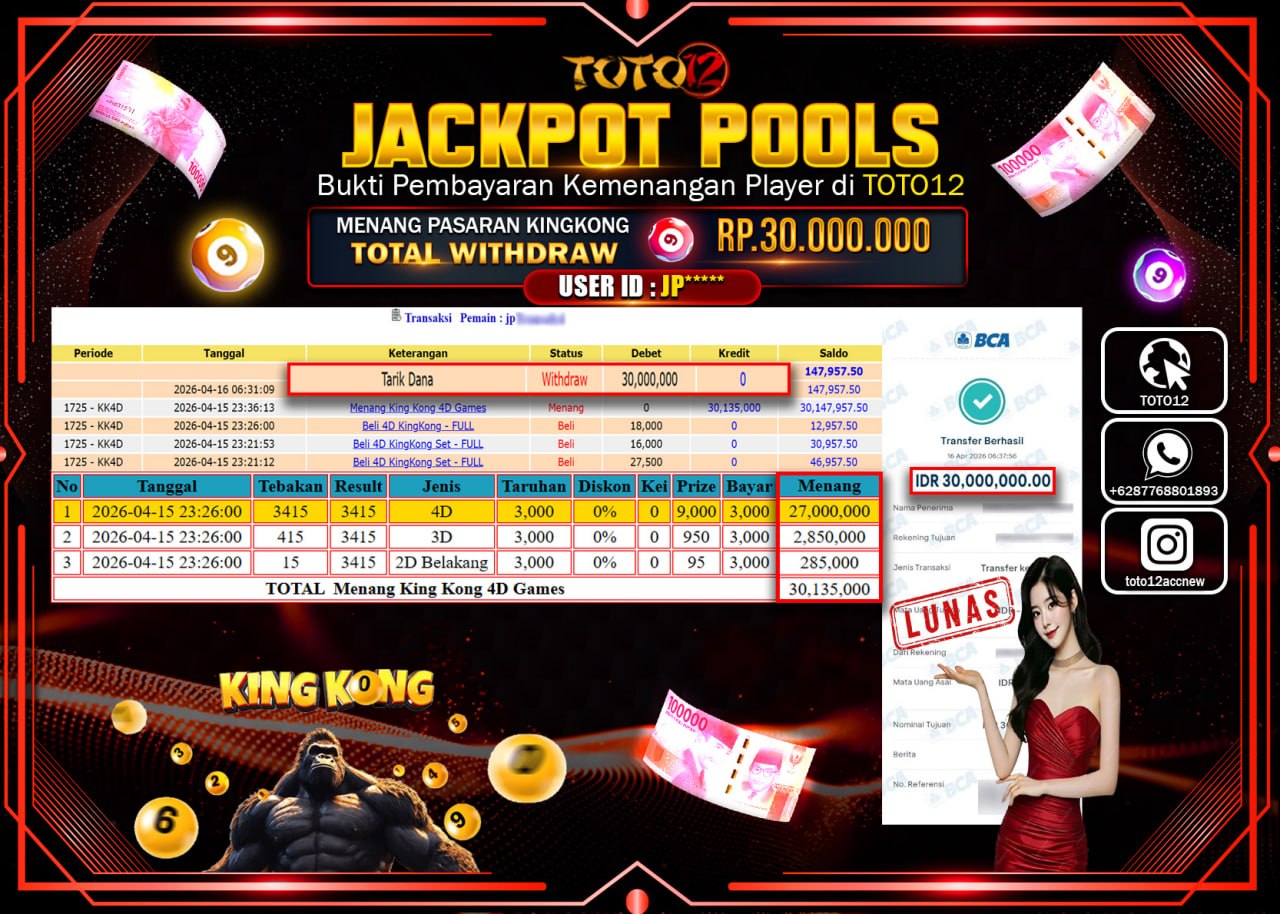 HANYA DI TOTO12 JP PASTI DI BAYAR LUNAS DAN CEPAT!!!!!! JACKPOT POOLS PASARAN(KINGKONG) Rp.30.000.000!!!!