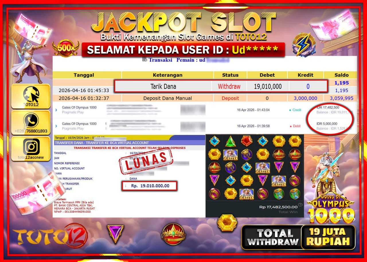 HANYA DI TOTO12 JP PASTI DI BAYAR LUNAS DAN CEPAT!!!!!! JACKPOT SLOT GAME (GATES OF OLYMPUS 1000) Rp.19.010.000!!!!