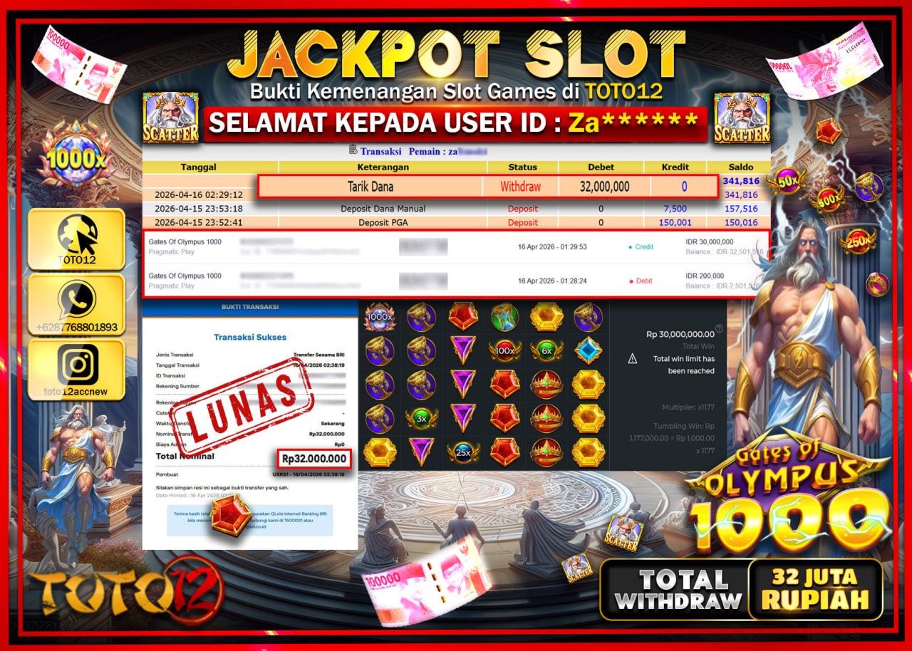 HANYA DI TOTO12 JP PASTI DI BAYAR LUNAS DAN CEPAT!!!!!! JACKPOT SLOT GAME (GATES OF OLYMPUS 1000) Rp.32.000.000!!!!