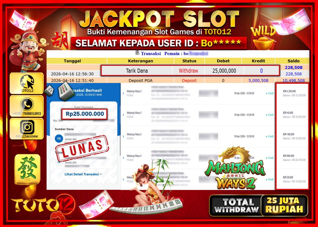 HANYA DI TOTO12 JP PASTI DI BAYAR LUNAS DAN CEPAT!!!!!! JACKPOT SLOT GAME (MAHJONG WAYS 2) Rp.25.000.000!!!!