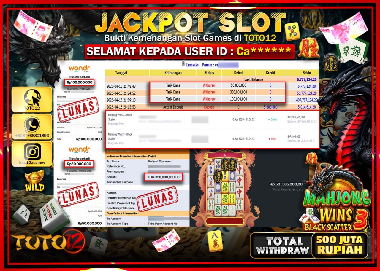 HANYA DI TOTO12 JP PASTI DI BAYAR LUNAS DAN CEPAT!!!!!! JACKPOT SLOT GAME (MAHJONG WINS 3 BLACK SCATTER) Rp.500.000.000!!!!