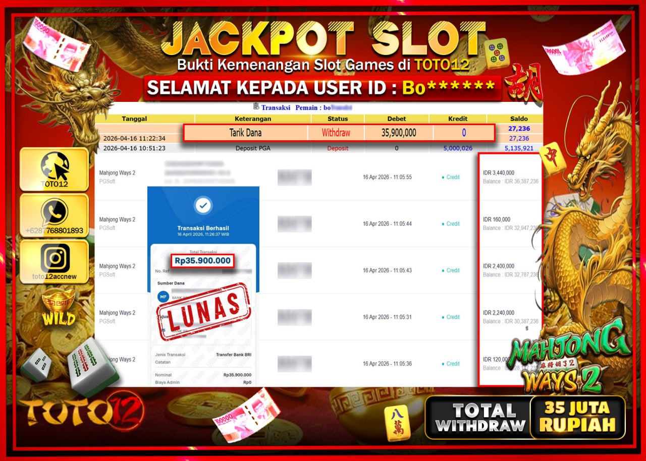 HANYA DI TOTO12 JP PASTI DI BAYAR LUNAS DAN CEPAT!!!!!! JACKPOT SLOT GAME (MAHJONG WAYS 2) Rp.35.900.000!!!!