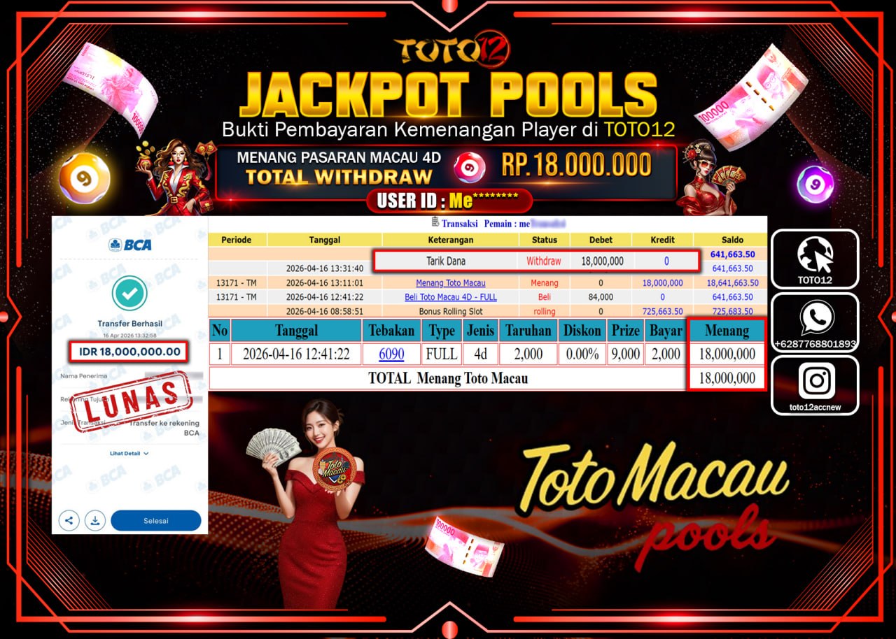 HANYA DI TOTO12 JP PASTI DI BAYAR LUNAS DAN CEPAT!!!!!! JACKPOT POOLS PASARAN(MACAU 4D) Rp.18.000.000!!!!