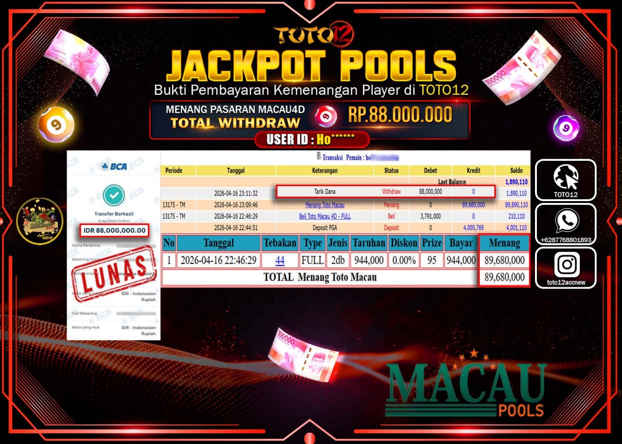 HANYA DI TOTO12 JP PASTI DI BAYAR LUNAS DAN CEPAT!!!!!! JACKPOT POOLS PASARAN(MACAU 4D) Rp.88.000.000!!!!