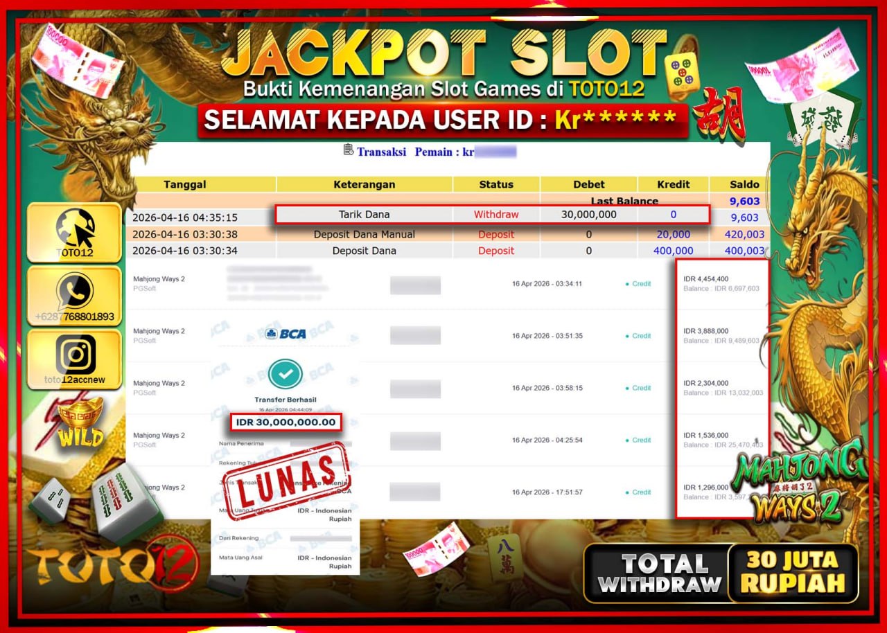 HANYA DI TOTO12 JP PASTI DI BAYAR LUNAS DAN CEPAT!!!!!! JACKPOT SLOT GAME (MAHJONG WAYS 2) Rp.30.000.000!!!!