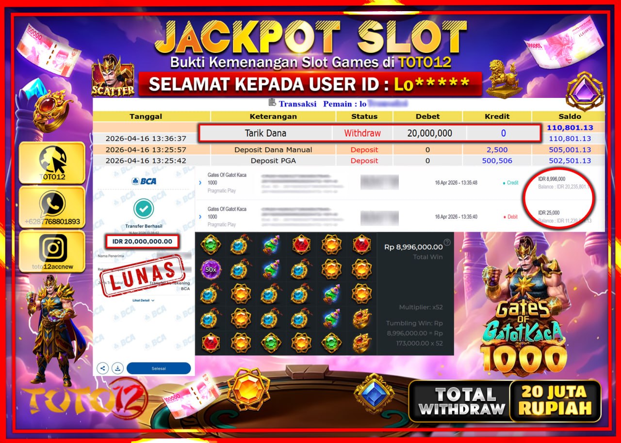 HANYA DI TOTO12 JP PASTI DI BAYAR LUNAS DAN CEPAT!!!!!! JACKPOT SLOT GAME (GATES OF GATOTKACA 1000) Rp.20.000.000!!!!