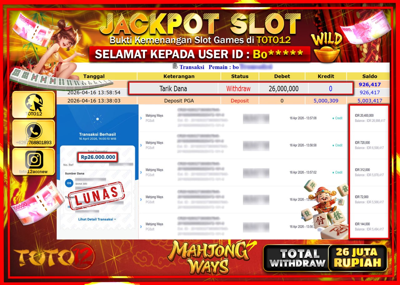 HANYA DI TOTO12 JP PASTI DI BAYAR LUNAS DAN CEPAT!!!!!! JACKPOT SLOT GAME (MAHJONG WAYS) Rp.26.000.000!!!!