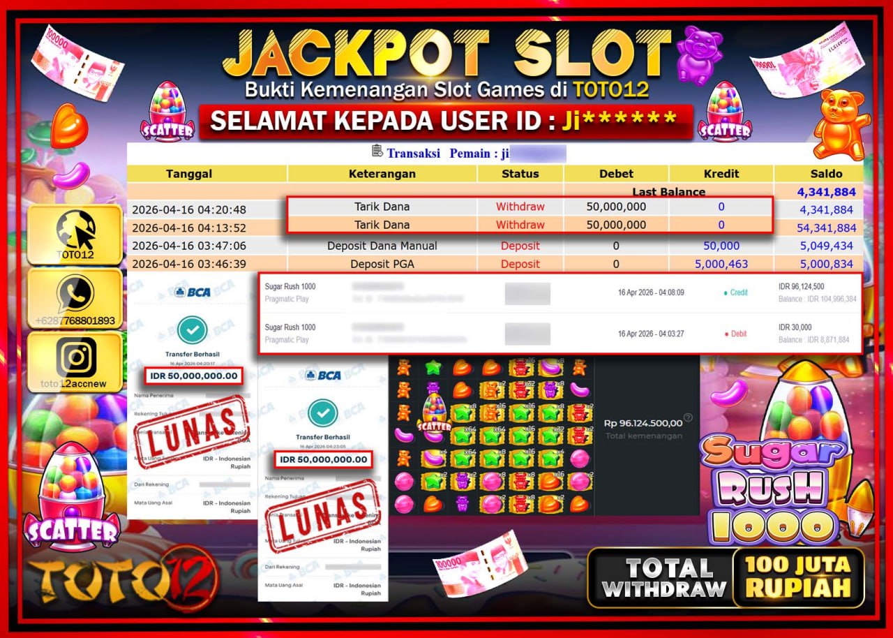 HANYA DI TOTO12 JP PASTI DI BAYAR LUNAS DAN CEPAT!!!!!! JACKPOT SLOT GAME (SUGAR RUSH 1000) Rp.100.000.000!!!!