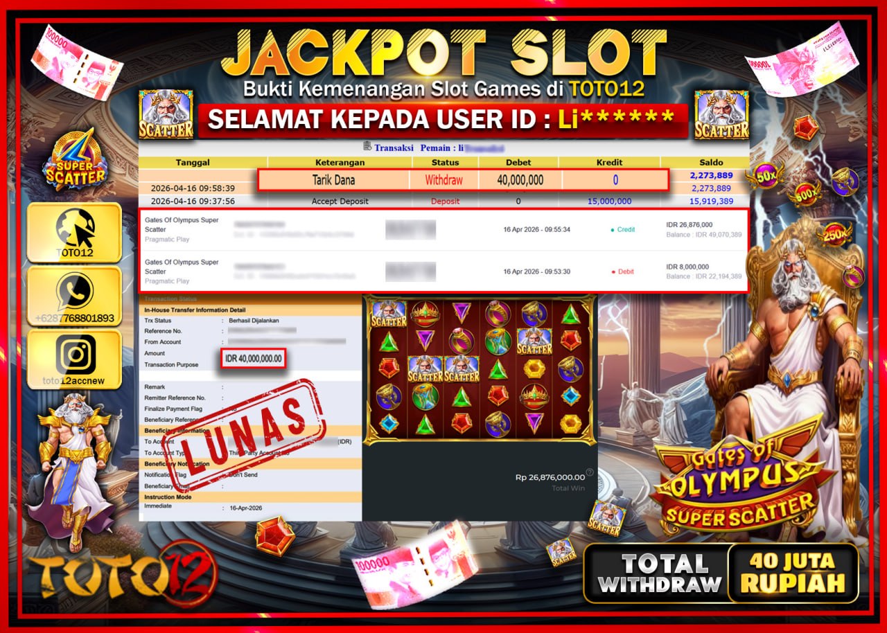 HANYA DI TOTO12 JP PASTI DI BAYAR LUNAS DAN CEPAT!!!!!! JACKPOT SLOT GAME (GATES OF OLYMPUS SUPER SCATTER) Rp.40.000.000!!!!