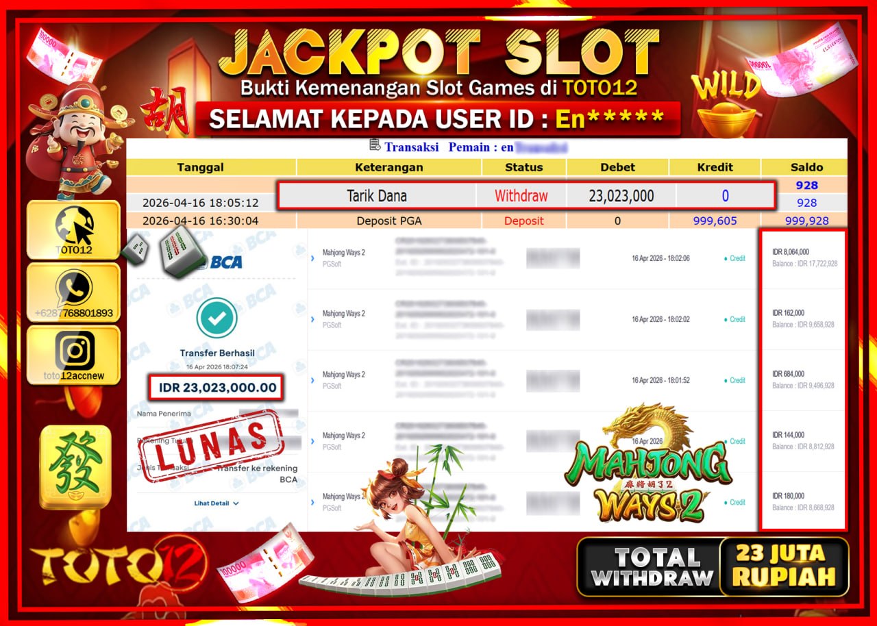 HANYA DI TOTO12 JP PASTI DI BAYAR LUNAS DAN CEPAT!!!!!! JACKPOT SLOT GAME (MAHJONG WAY 2) Rp.23.023.000!!!!