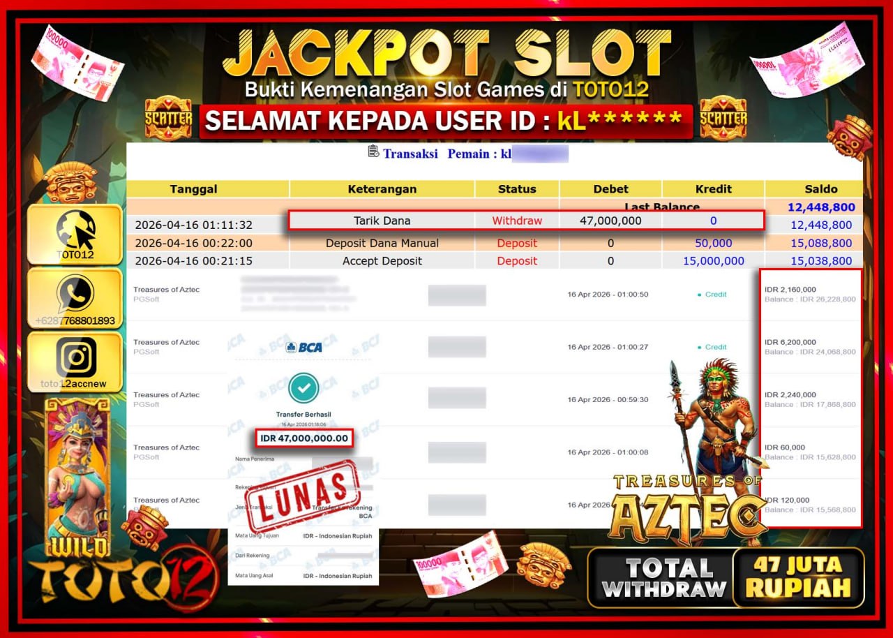 HANYA DI TOTO12 JP PASTI DI BAYAR LUNAS DAN CEPAT!!!!!! JACKPOT SLOT GAME (TREASURES OF AZTEC) Rp.47.000.000!!!!