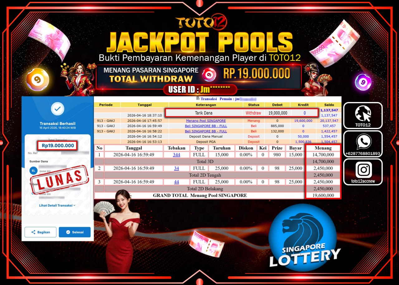 HANYA DI TOTO12 JP PASTI DI BAYAR LUNAS DAN CEPAT!!!!!! JACKPOT POOLS PASARAN( SINGAPORE ) Rp.19.000.000!!!!