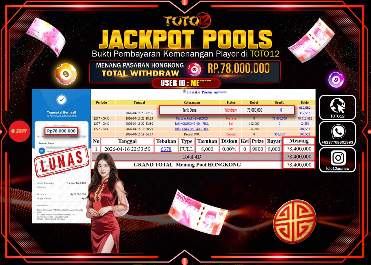 HANYA DI TOTO12 JP PASTI DI BAYAR LUNAS DAN CEPAT!!!!!! JACKPOT POOLS PASARAN( HONGKONG ) Rp.78.000.000!!!!