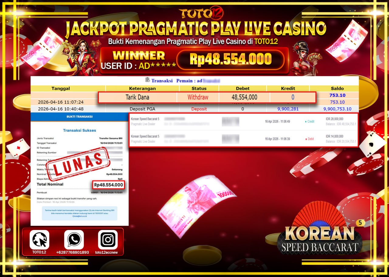 HANYA DI TOTO12 JP PASTI DI BAYAR LUNAS DAN CEPAT!!!!!! JACKPOT PRAGMATIC PLAY LIVE GAME CASINO (KOREAN SPEED BACCARAT 5) Rp.48.554.000!!!!