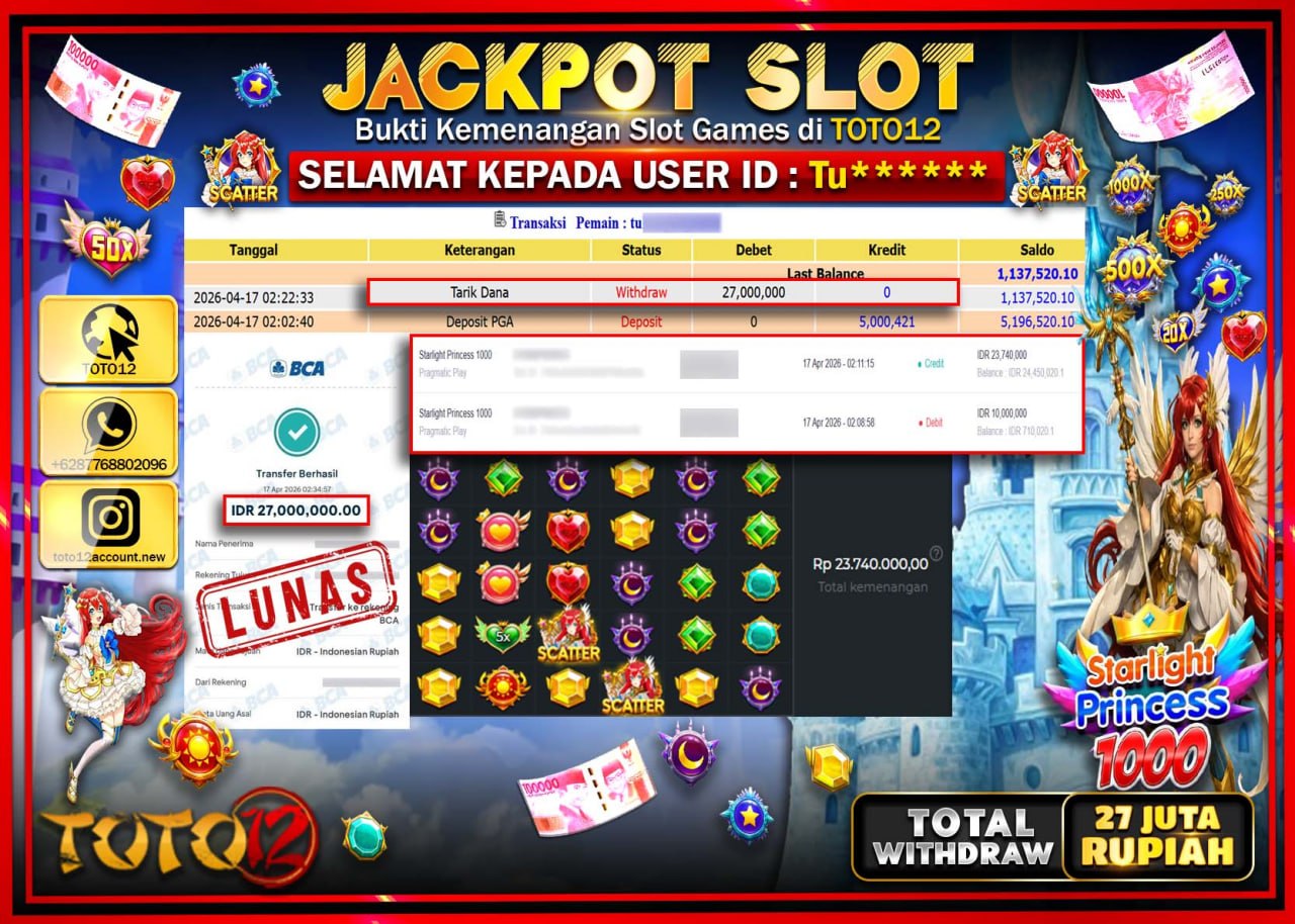 HANYA DI TOTO12 JP PASTI DI BAYAR LUNAS DAN CEPAT!!!!!! JACKPOT SLOT GAME (STARLIGHT PRINCESS 1000) Rp.27.000.000!!!!