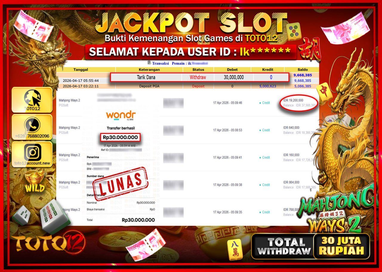 HANYA DI TOTO12 JP PASTI DI BAYAR LUNAS DAN CEPAT!!!!!! JACKPOT SLOT GAME (MAHJONG WAYS 2) Rp.30.000.000!!!!
