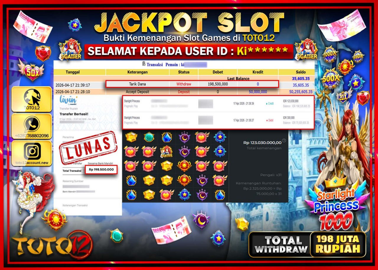 HANYA DI TOTO12 JP PASTI DI BAYAR LUNAS DAN CEPAT!!!!!! JACKPOT SLOT GAME (STARLIGHT PRINCESS 1000) Rp.198.500.000!!!!