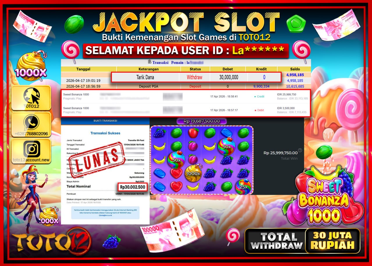 HANYA DI TOTO12 JP PASTI DI BAYAR LUNAS DAN CEPAT!!!!!! JACKPOT SLOT GAME (SWEET BONANZA 1000) Rp.30.000.000!!!!