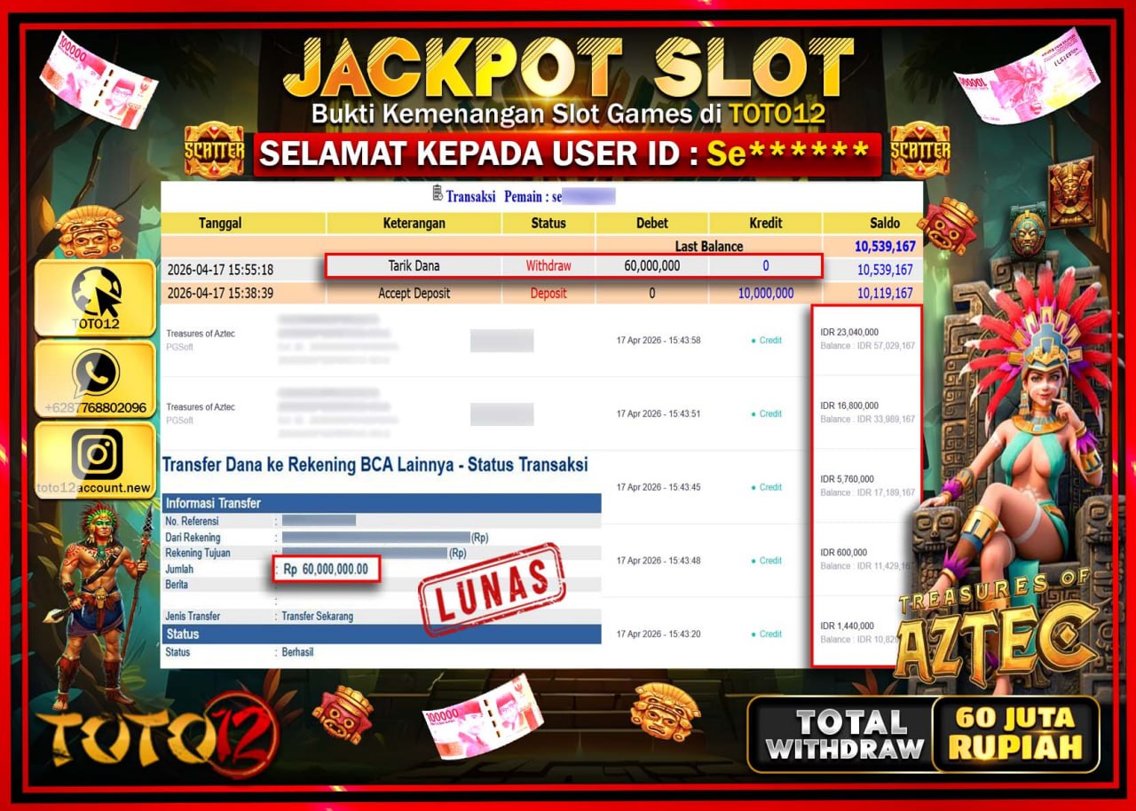 HANYA DI TOTO12 JP PASTI DI BAYAR LUNAS DAN CEPAT!!!!!! JACKPOT SLOT GAME (TREASURES OF AZTEC) Rp.60.000.000!!!!