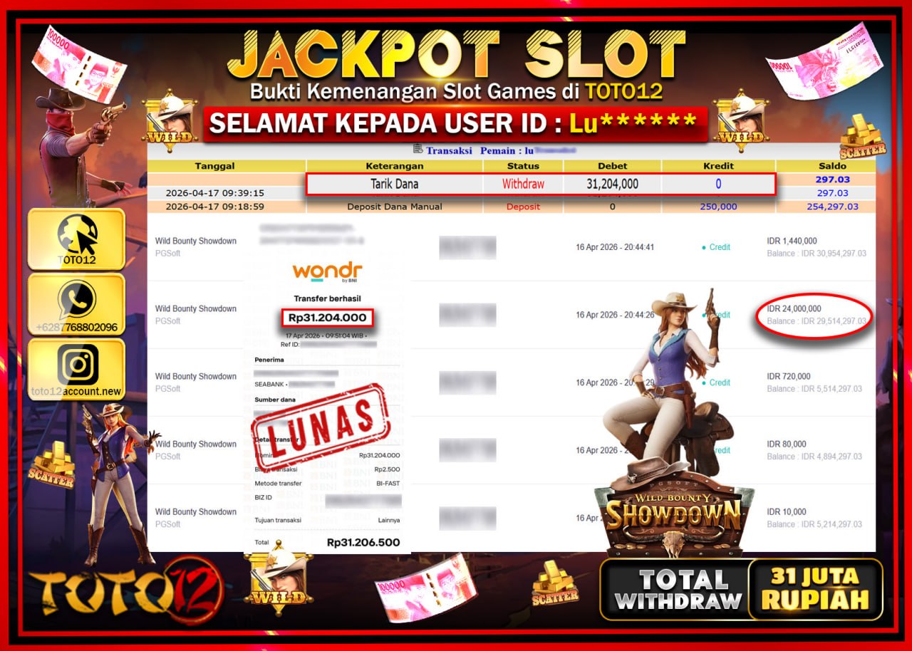 HANYA DI TOTO12 JP PASTI DI BAYAR LUNAS DAN CEPAT!!!!!! JACKPOT SLOT GAME (WILD BOUNTY SHOWDOWN) Rp.31.204.000!!!!