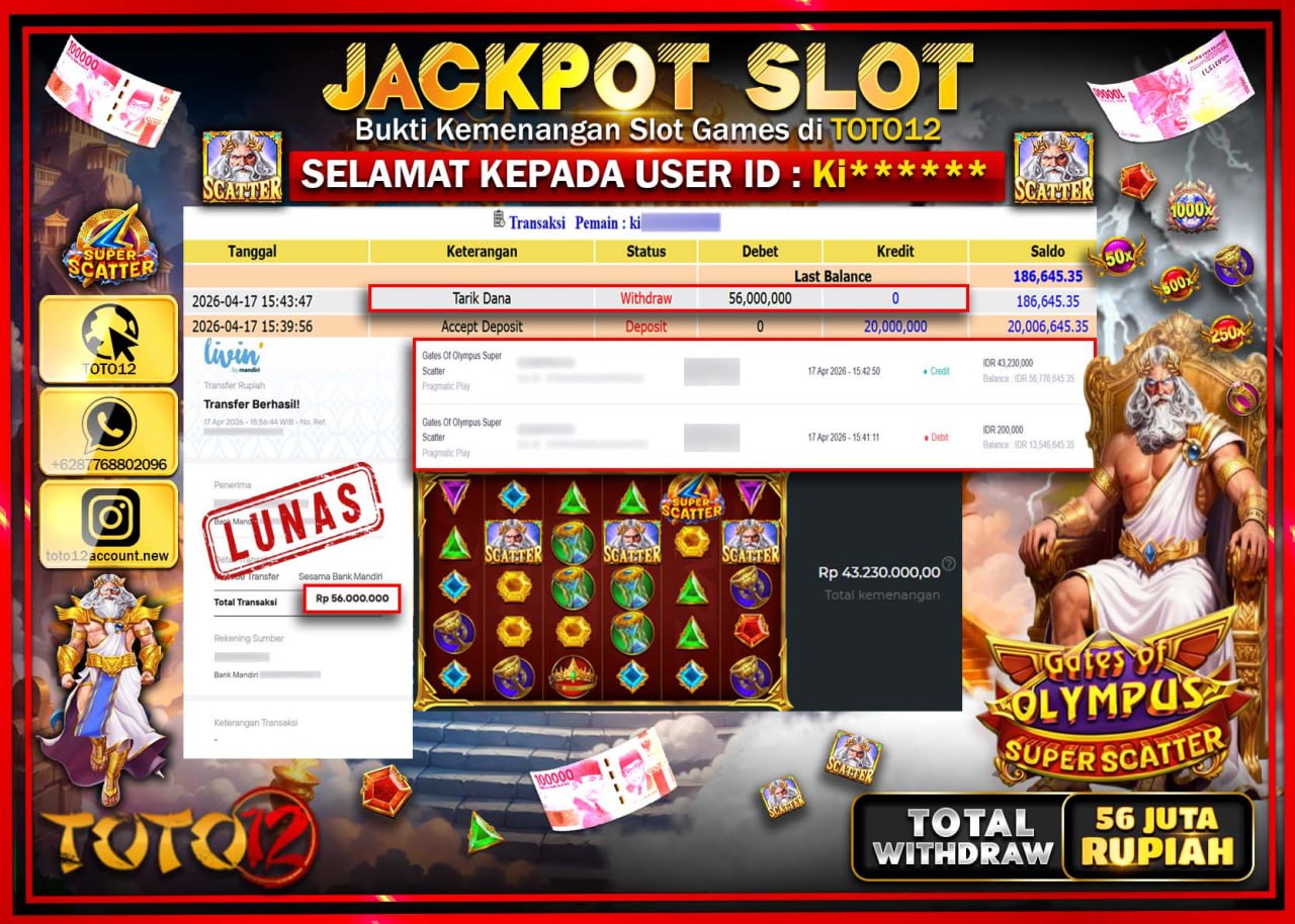 HANYA DI TOTO12 JP PASTI DI BAYAR LUNAS DAN CEPAT!!!!!! JACKPOT SLOT GAME (GATES OF OLYMPUS SUPER SCATTER) Rp.56.000.000!!!!