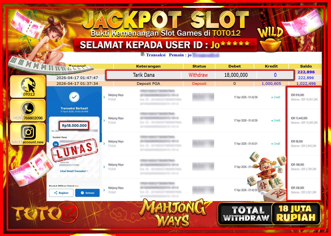 HANYA DI TOTO12 JP PASTI DI BAYAR LUNAS DAN CEPAT!!!!!! JACKPOT SLOT GAME (MAHJONG WAYS) Rp.18.000.000!!!!