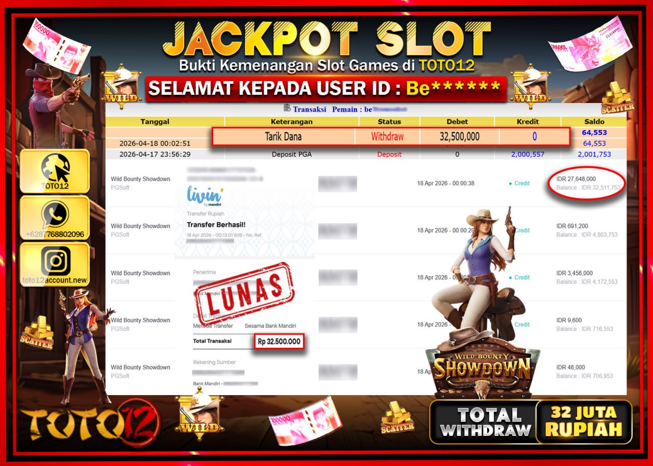 HANYA DI TOTO12 JP PASTI DI BAYAR LUNAS DAN CEPAT!!!!!! JACKPOT SLOT GAME (WILD BOUNTY SHOWDOWN) Rp.32.500.000!!!!