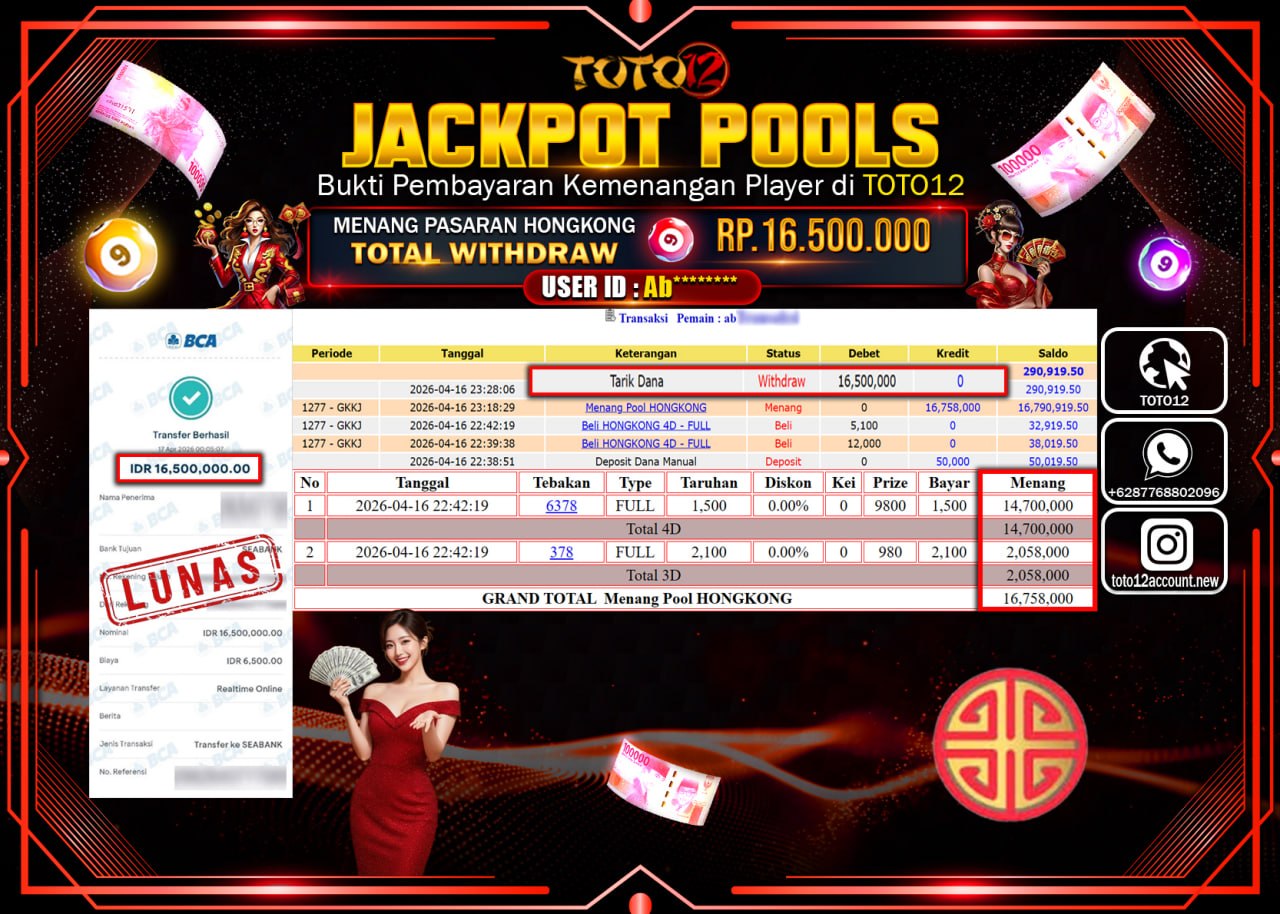 HANYA DI TOTO12 JP PASTI DI BAYAR LUNAS DAN CEPAT!!!!!! JACKPOT POOLS PASARAN( HONGKONG ) Rp.16.500.000!!!!
